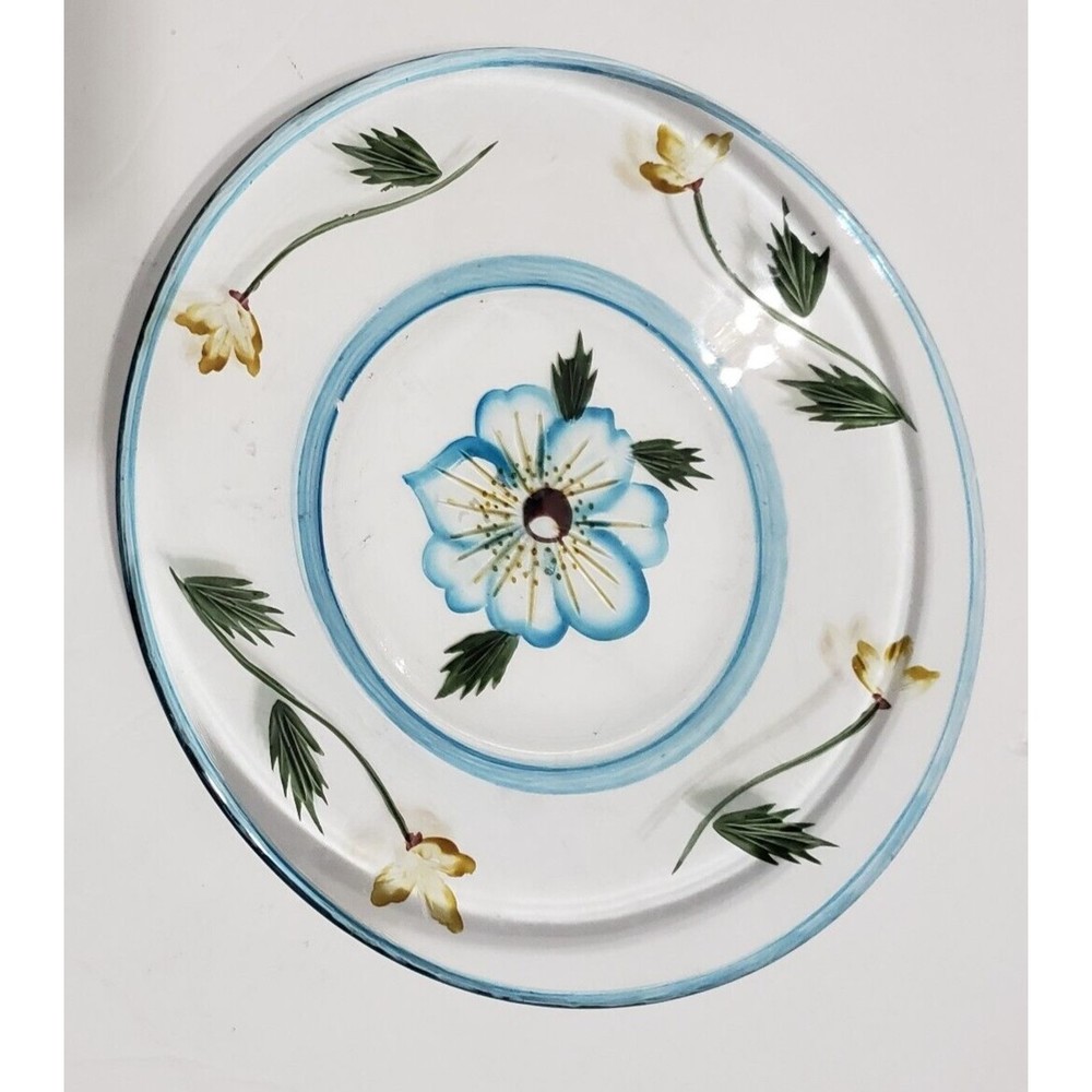 Large Jar Candle Plate Glass Blue Flower Clear 7 inches Round Unbranded